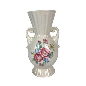 Vintage Royal Copley Beige Rose Floral Handled Vase, Mid-Century Pottery Ceramic